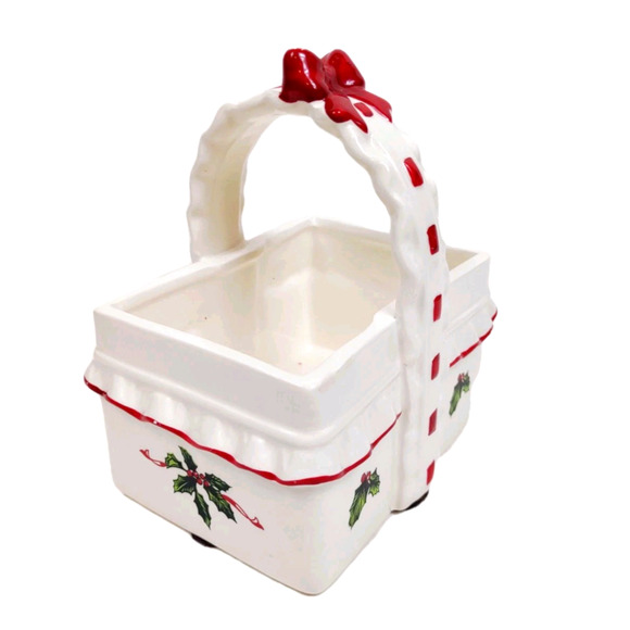 Lefton China Other - VTG Lefton Ceramic Holly Berry Christmas Basket Candy Dish Red Bow Hand Painted